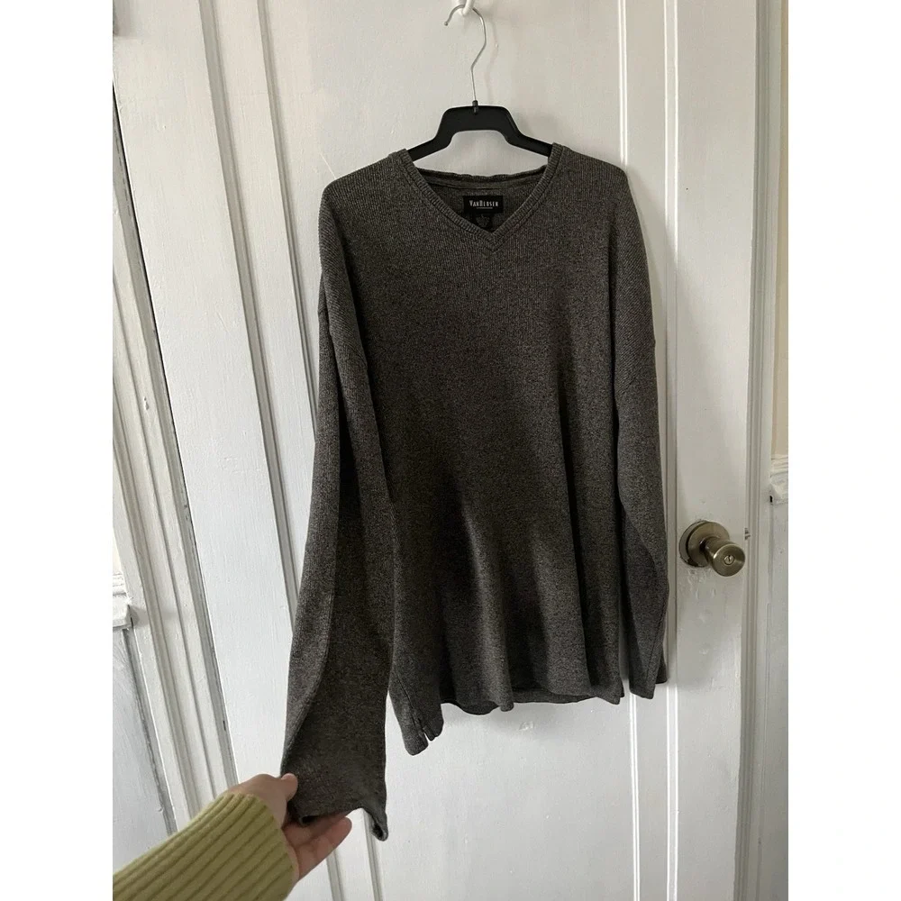Van Heusen Charcoal Gray V-Neck Ribbed Knit Sweater Pullover Top Size L Cotton